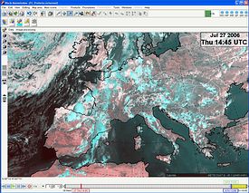 Meteosat 8 image, channels IR 1.6/HRV/HRV, contrast enhanced